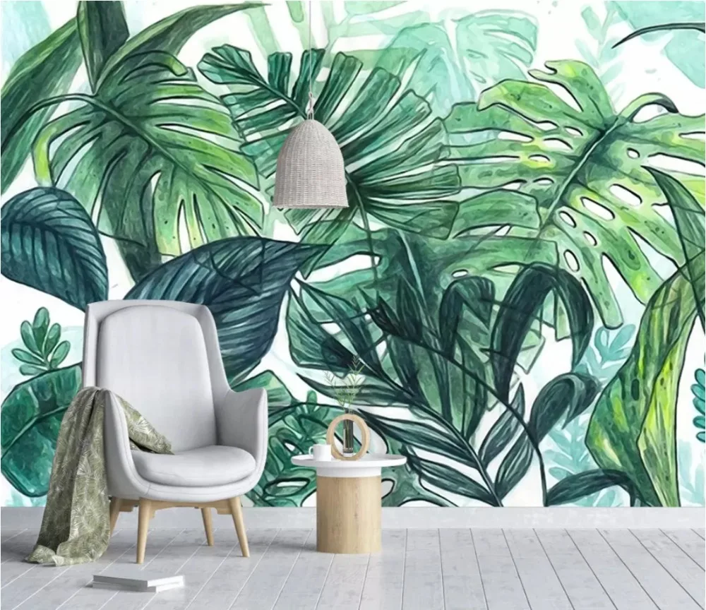 

Custom mural wallpaper hand-painted tropical hand-painted banana leaf plant-waterproof material