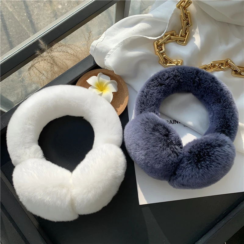 Ear Muffs For Women Winter EarWarmers Soft Warm Cable Furry Real Rex Rabbit Ear Covers For Cold Weather