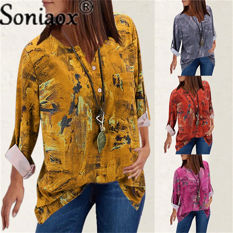 Tie Dye Printed Shirt 2021 Autumn Women Loose Long Sleeve V-Neck Top Casual Buttons Shirt Ladies Street Vintage Blouse