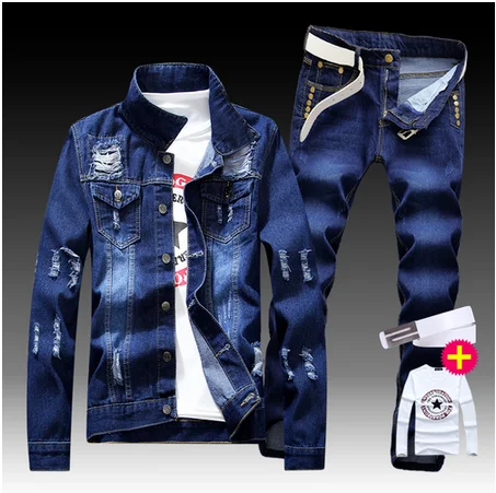 New Men's Denim Jacket Pants 2pcs Set Single Breasted Holes Casual Coat Trousers Slim Fit Cool Boys Jackets