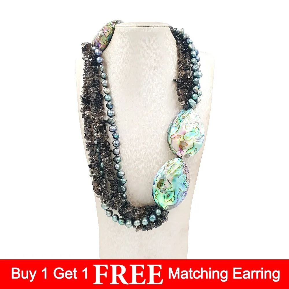 LiiJi Unique Smoky Quartzs Freshwater Pearl Abalone Shell toogle Clasp Handmade Knitting Necklace For Women Fashion  Jewelry