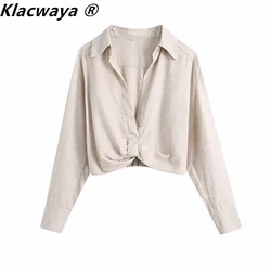 Klacwaya Za Woman 2021 Fashion Pleated Crop Top Blouse Long Sleeve Summer Linen Tops Chic Streetwear Elegant Blouses Mujer