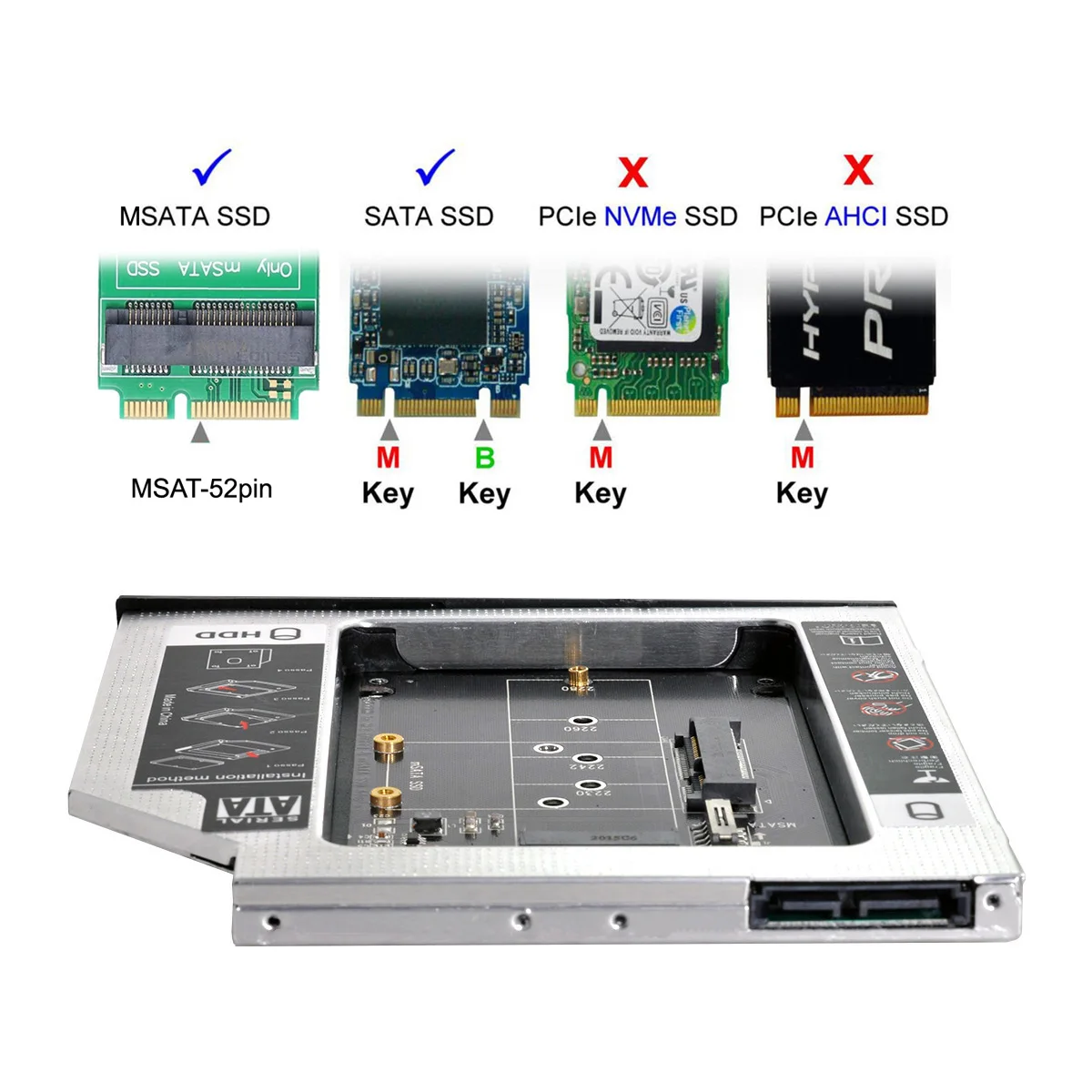 Chenyang MSATA NGFF B/M-key SSD to Slimline SATA 13Pin Caddy Case for 9.5mm Universal Laptop CD / DVD-ROM Optical Bay