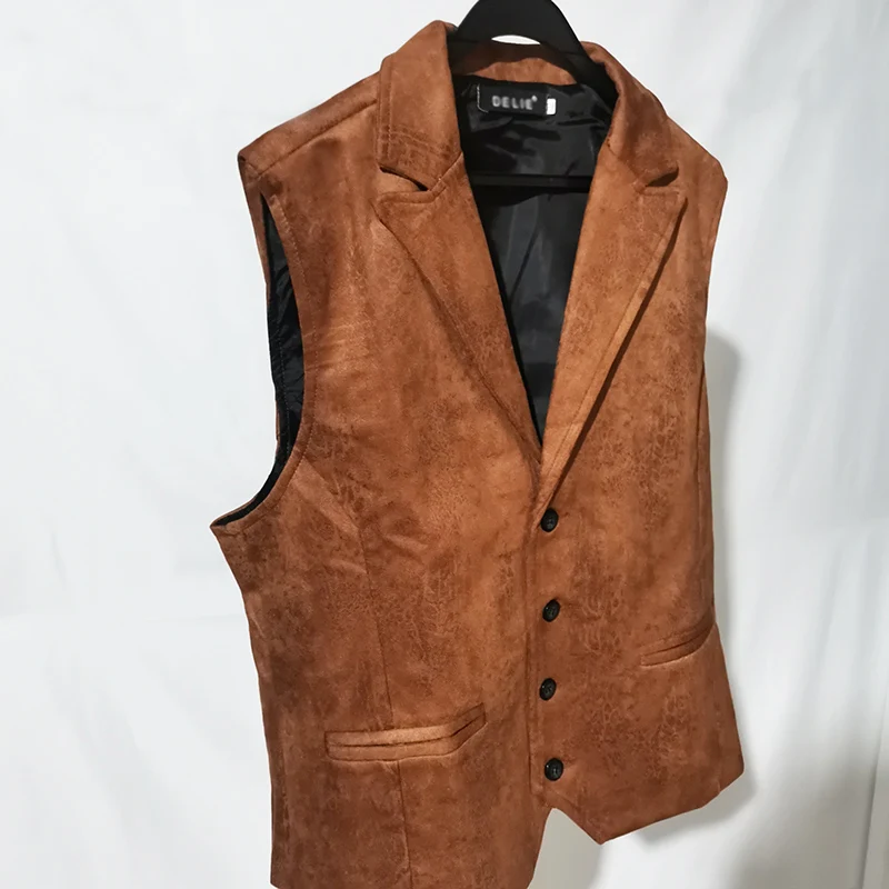 Waistcoat Men Vest fashion Casual Faux leather fashion leather Slim vest lapel classical Vintage gilet European style male