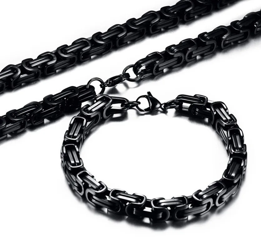 Stainless Steel Byzantine Chain Braided Chain Necklace Bracelet Set Men\'s Biker Punk Hip Hop Rock Jewelry Accessories