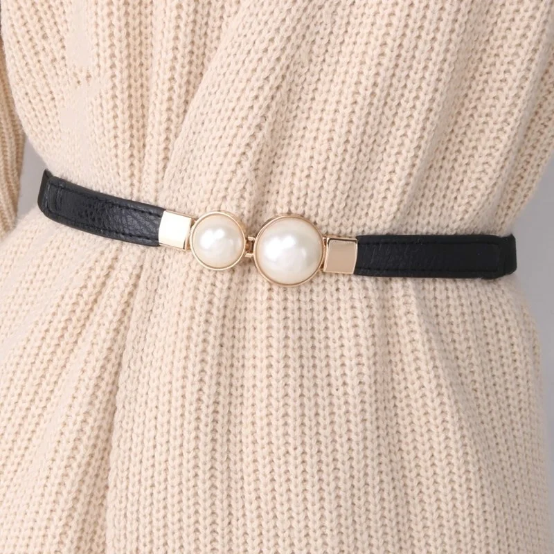 Creative Pearl Buckle Belt PU Leather Dress Skirt Waist Elastic Thin Women Belts Ladies Waistband