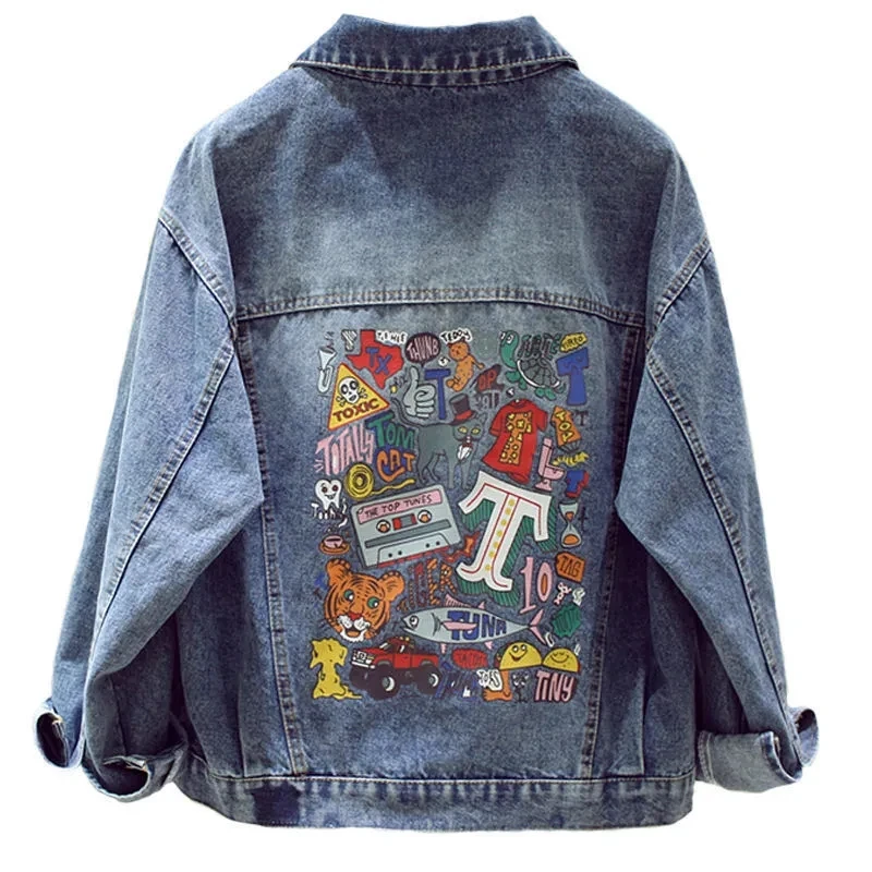 2025Spring Autumn New Printed Net Red Denim Jacket Women Trendy Ins Loose Korean Version Of BF Wind Jeans Casual Female Coat 500