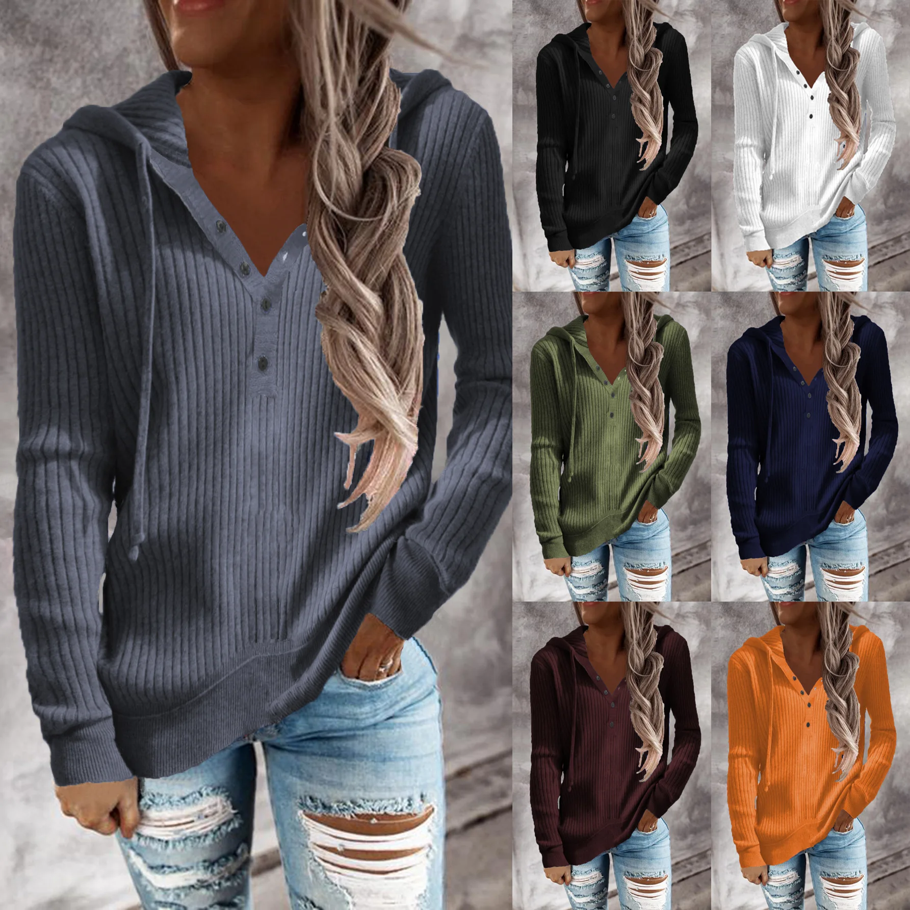 

Autumn and Winter 2021 New Striped Casual Hooded Sweater Loose Knit Open Neck Long Sleeve Sweater Women