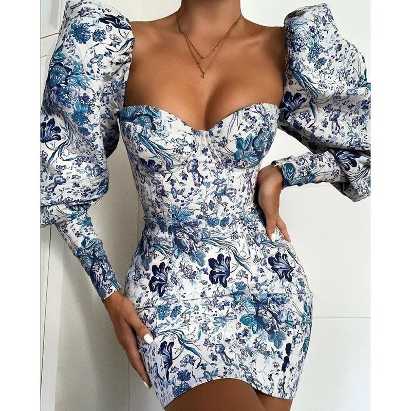 

High Quality 2019 New Fashion Sexy Elegant Printed Puff Sleeve Slim Women Dress D8946