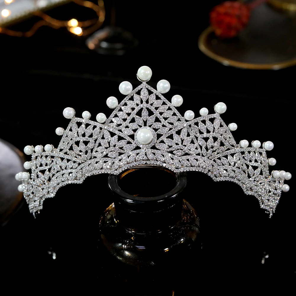 

Pearl Cubic Zirconia Tiara, Luxury Wedding Hair Accessories, Bride CZ Crown Jewelry For Wome Mariage Couronne De Mariée