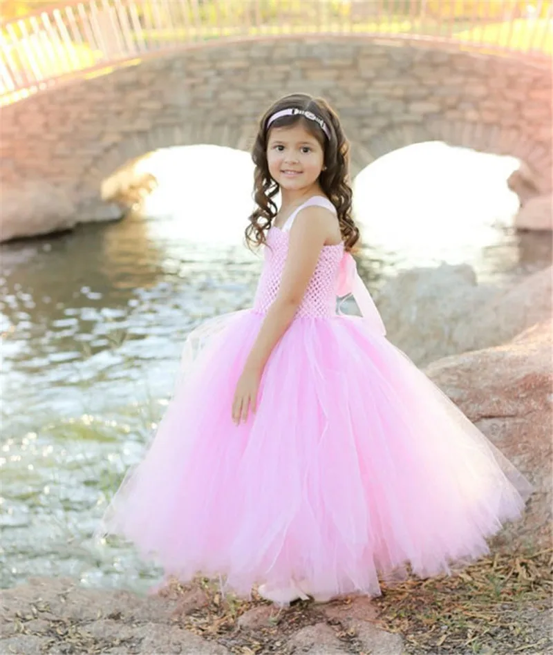 Vestido rosa con tutú de ganchillo para niña, vestido de tul con tirantes y lazo para el pelo, disfraz para fiesta de cumpleaños y boda