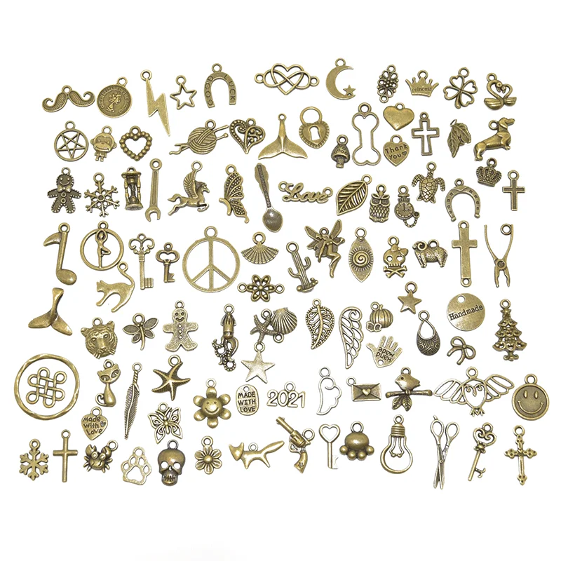 100pcs Tibetan Silver Mixed Animal Leaf Key Crown Charms Alloy Metal Pendants For DIY Handmade Jewelry Accessaries Making