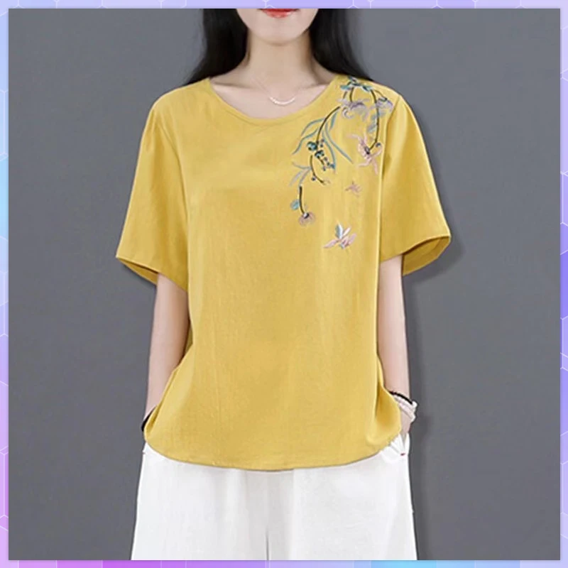 Retro Cotton And Linen T-Shirt Short Sleeve Summer Fashion Casual Flower Embroidery Oversized T-shirt 2021 Summer Plus Size Tops