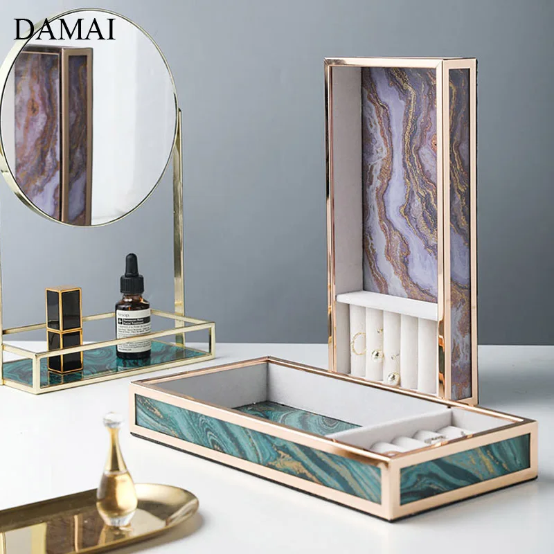 Nordic Marble Texture Trays Golden Stroke Agate Jewelry Display Storage Tray Cosmetic Organizer Dressing Table Decoration