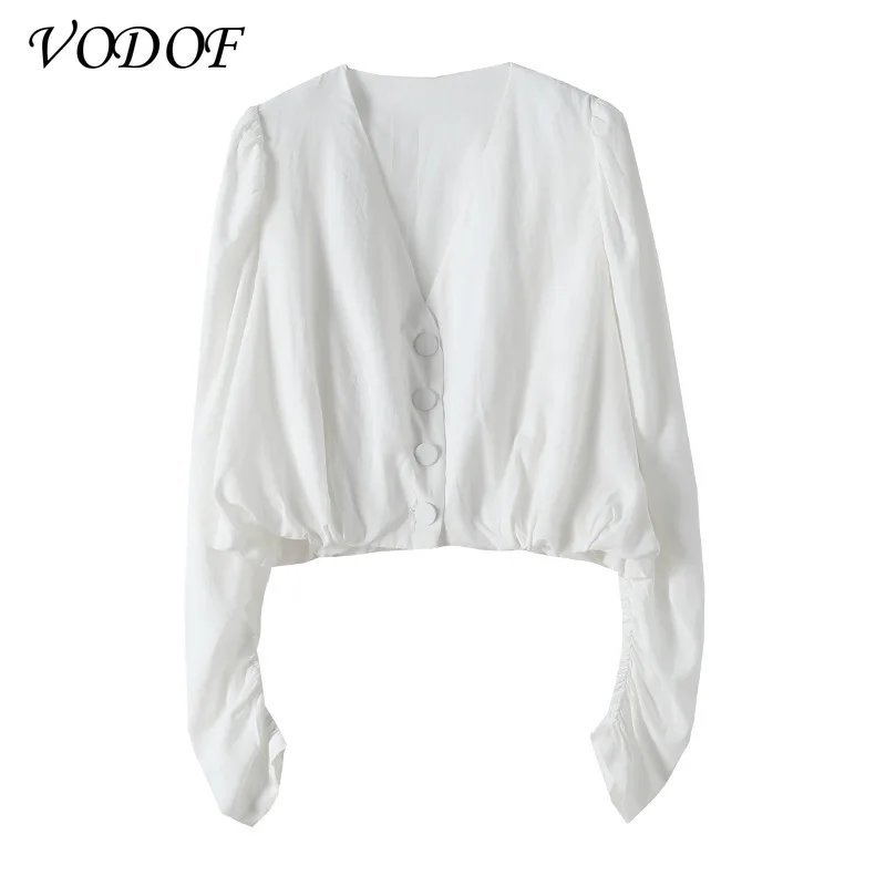 

VODOF Blouse Shirt for Women Fashion Short Sleeve V Neck Casual Office Lady White Shirts Tops Japan Korean Style