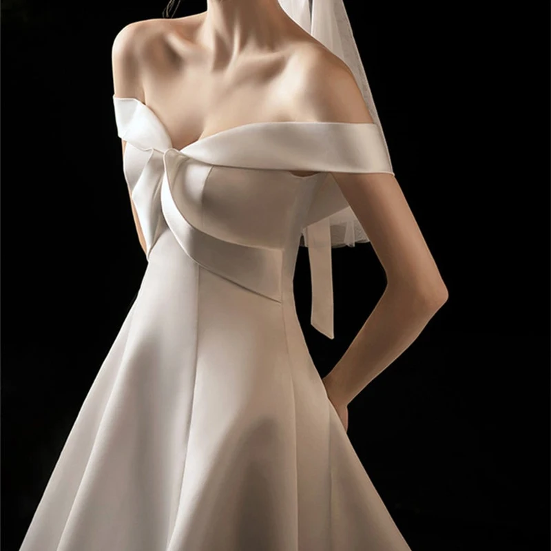 Factory Prijs Real 'S Uit Schouder Satin Micro Bruidsjurken Lace Up Custom Made Simple A Line Modest Lange Bridal jurk