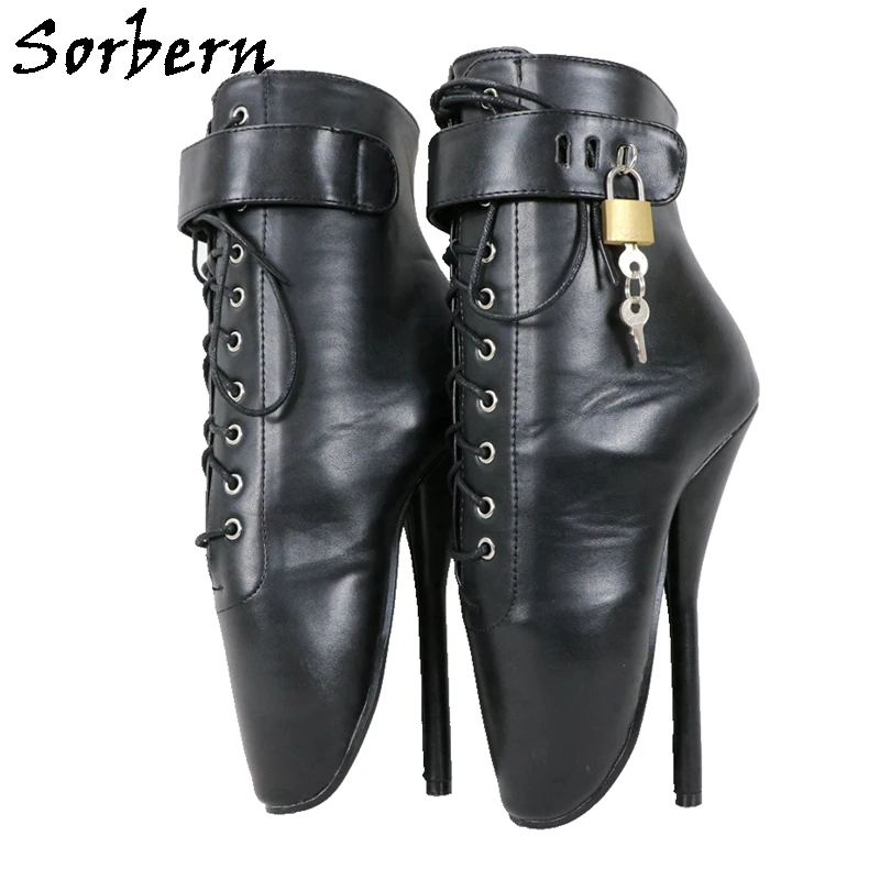 Sorbern Black Matt Ankle Booties With Ballet High Heel Stilettos Lockable Straps Classical 18Cm Fetish Heeled Shoes Custom Color