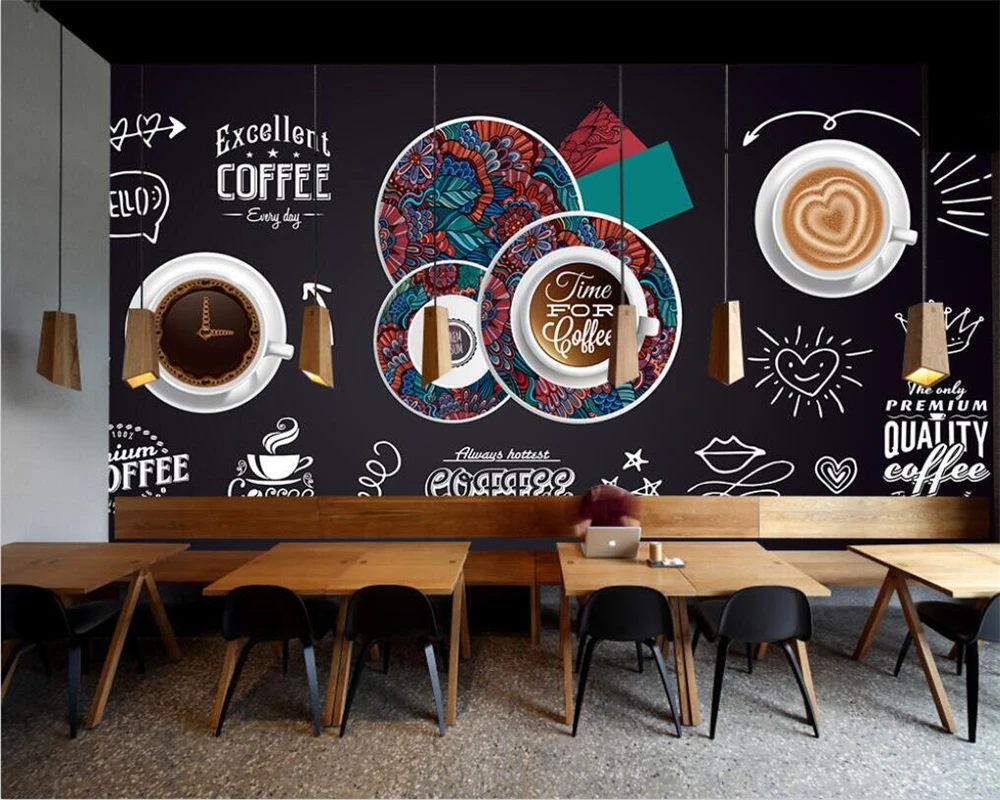 

wellyu Custom wallpaper 3d European and American hand-painted blackboard coffee mural coffee shop western restaurant background