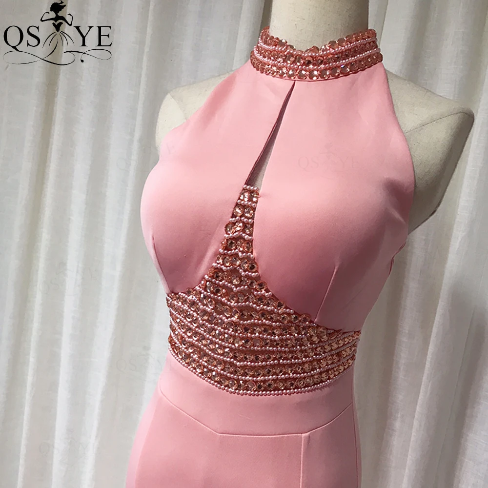 QSYYE Pink Evening Dresses Elastic Beading High Neck Mermaid Evening Gown Crystals Party Dress Split Basque Waist Formal Dress