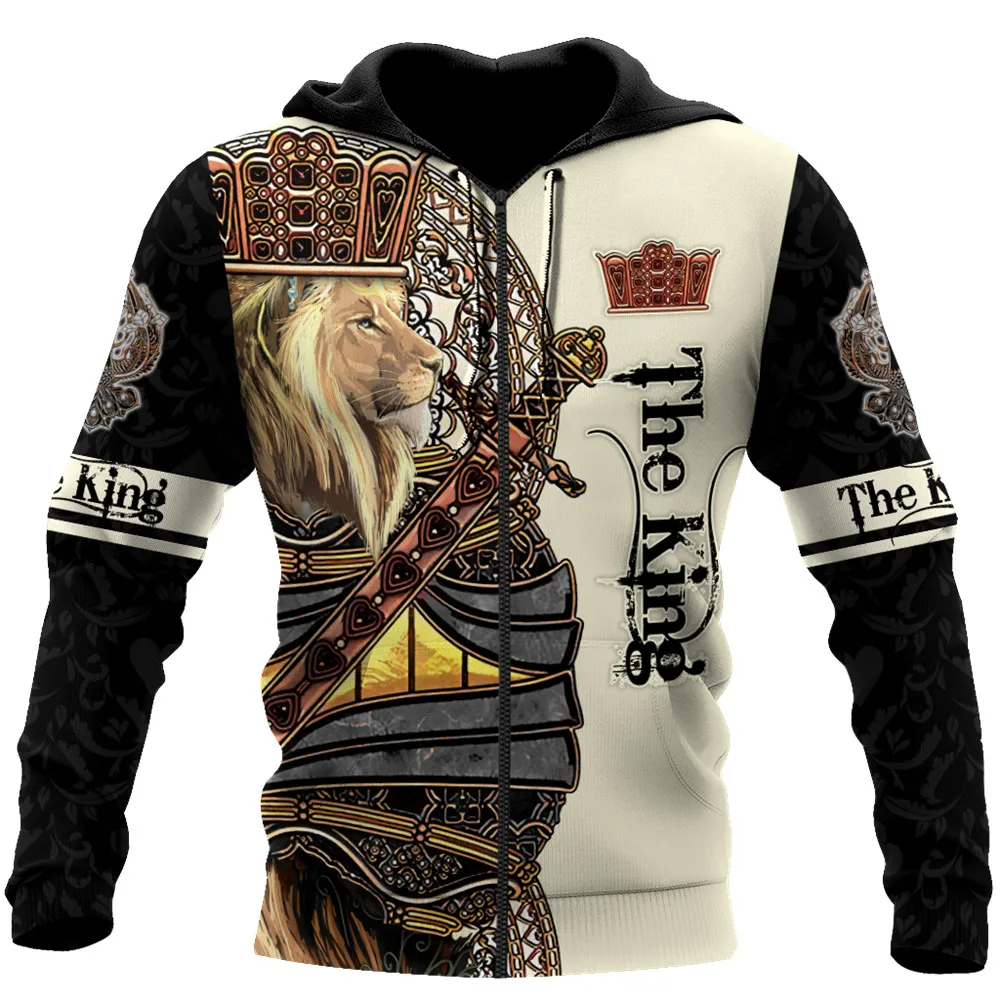 

HX Lion Poker Zip Hoodies 3D Graphics DIY Name King Lion All Over Print Sweatshirt Streetwears Harajuku Hoodie