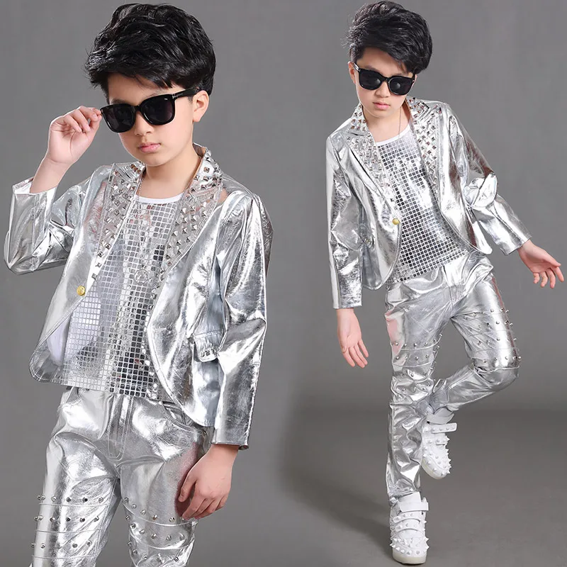 2020 Hip Hop Costumes Boys Long Sleeves Rivets Silver Coat Vest Pants Kids Jazz Performance Clothing Modern Stage Wear DNV14063