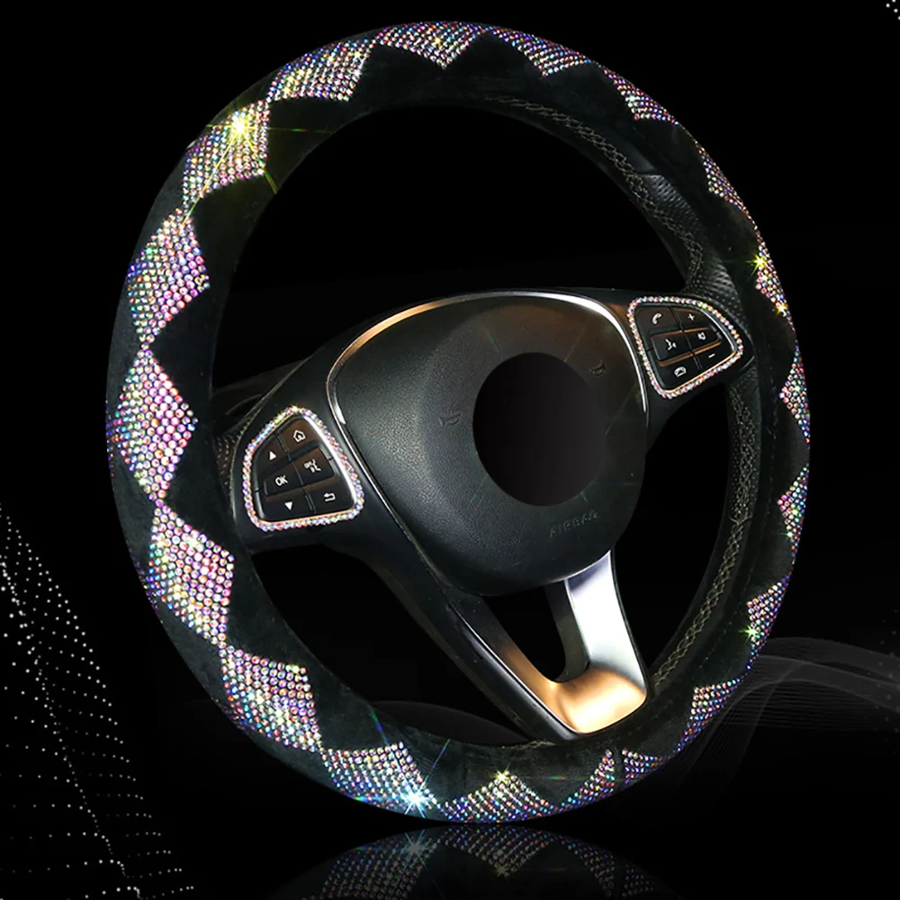 

Universal Anti-Slip Car-styling Plush Car Steering Wheel Covers 38cm Colorful Rhinestone Covered