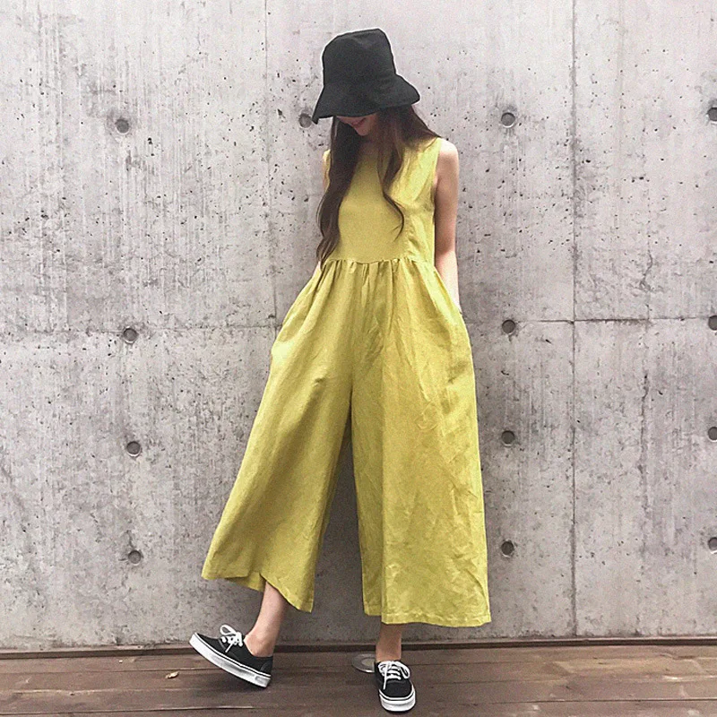 

Johnature New Casual Japanese Linen Sleeveless Ankle-length Women Jumpsuits 2024 Summer 3 Colors Pockets Playsuits