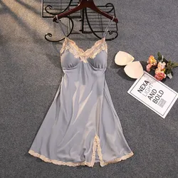 Satin Suspender Skirt Sleepwear Women Nightdress Silky Lace Nightwear Intimate Lingerie Sexy Nightgown Casual Home Dressing Gown