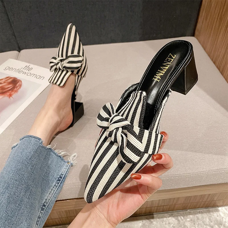 Woman Fashion Bowknot Striped Muller Shoes Pointed Toe Summer Square High Heels Women\'s Slippers Female Leisure Flip Flops 34-42