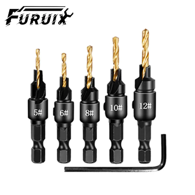 5pcs Wood Countersink Drill Bit Set Drilling Pilot Holes For Screw Sizes #5 #6 #8 #10 #12 With a Wrench