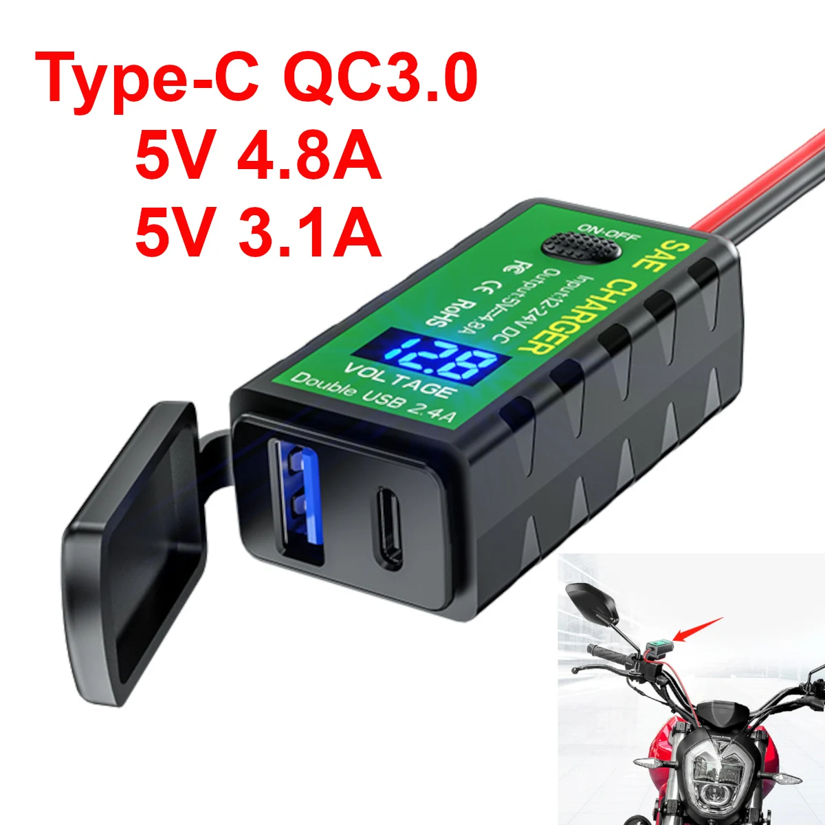 12V/24V USB Motorcycle Charger Socket PD Type-C QC3.0 5V 4.8A 3.1A Electric Bicycle Charging Adapter Voltmeter Switch