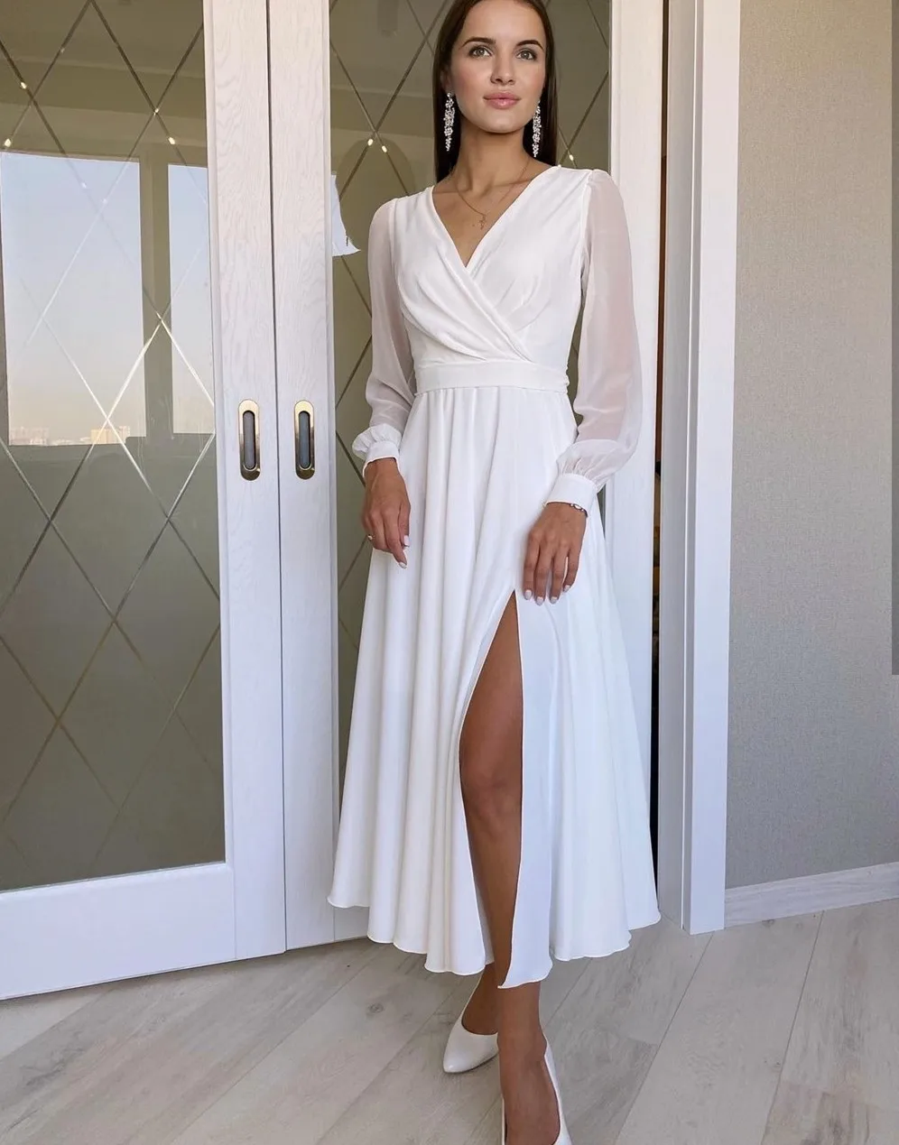 2025 Boho Wedding Dress Chiffon Long Sleeve Side Split Ankle Length Bridal Gown V-Neck Plus Size Customized Robe De Mariage