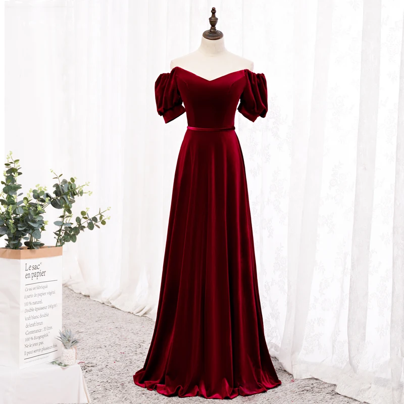 

Evening Dress Empire Short Sleeves Boat Neck Simple A-Line Burgundy Lace Up Pleat Floor-Length Party Formal Dresses Woman B1198