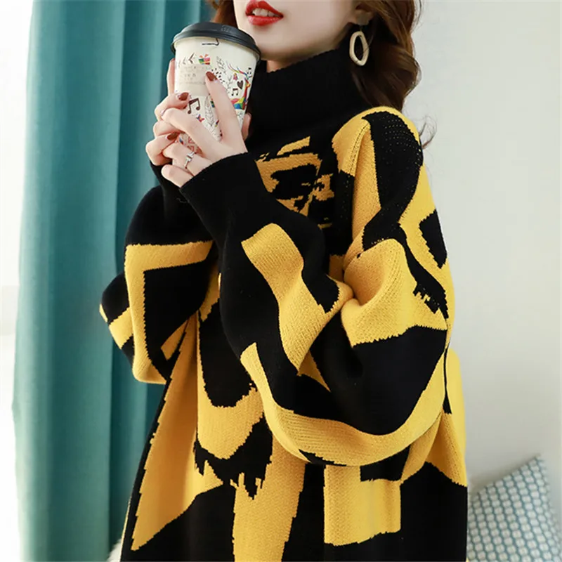 Turtleneck Long Knitted Sweater Women Jumper Ladies Autumn Winter Fashion Loose Thick High Collar Knitting Pullover Tops Female