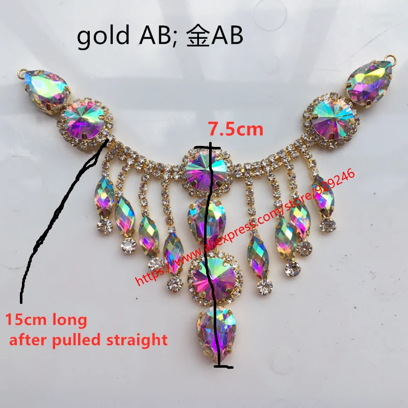 fashion gold AB glass crystal rhinestone applique with tassel dangle crystal trims for dress collar sewing decoration accessory