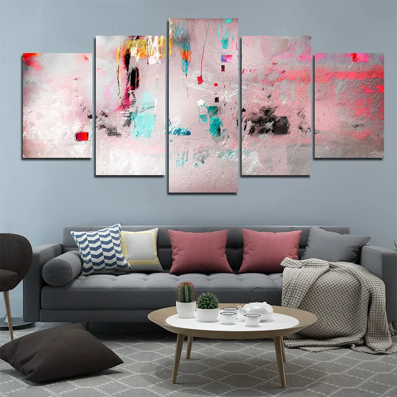 

5Pcs Customized Pink Abstract Color Graffiti Living Room Wall Paintings Modern Home Frameless Printing Decorative Posters