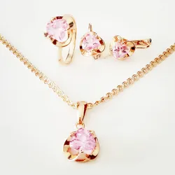 Korean Jewelry Sets Trend New Fashion 585 Gold Color Jewelry Heart Shape Pink Stone Earring Jewelry Sets for Women