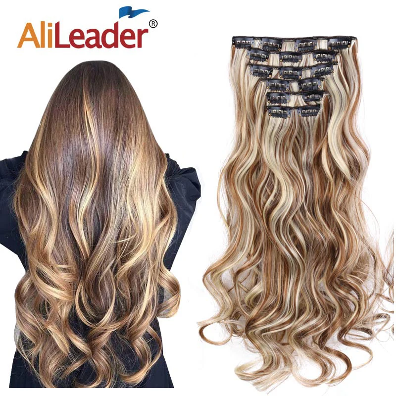 Alileader 22 Zoll Synthetische Lange Lockige 16Clips Clip In Haar Extensions Körper Welle Haarteil 6Pcs Beständig Faser Ombre blond Frauen