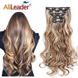 Alileader 22 Zoll Synthetische Lange Lockige 16Clips Clip In Haar Extensions Körper Welle Haarteil 6Pcs Beständig Faser Ombre blond Frauen