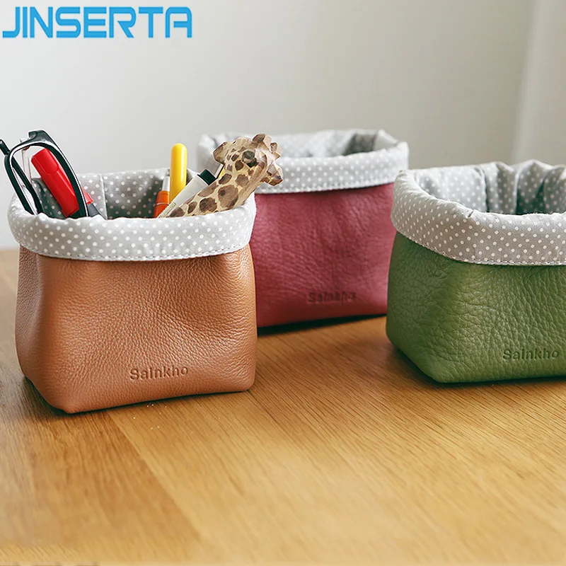 

JINSERTA Genuine Leather Pen Holder Stationery Storage Box Cosmetic Organizer Home Living Room Remote Control Keys Coins Box