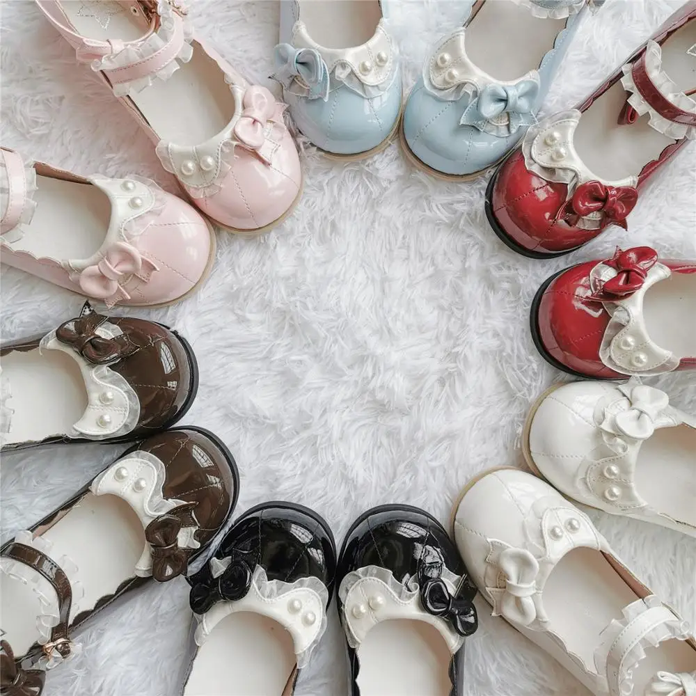 

Kawaii girl sweet lolita shoes pearl lace bowknot princess kawaii shoes round head middle heel women shoes loli cosplay cos