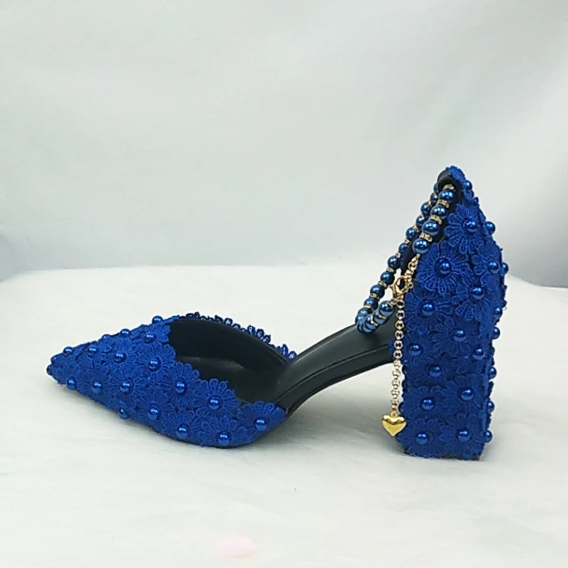 BaoYaFang Royal Blue Beads Flower Strap wedding shoes Bride Pointed Toe Square Thick High Heel Party dress shoes and bag set