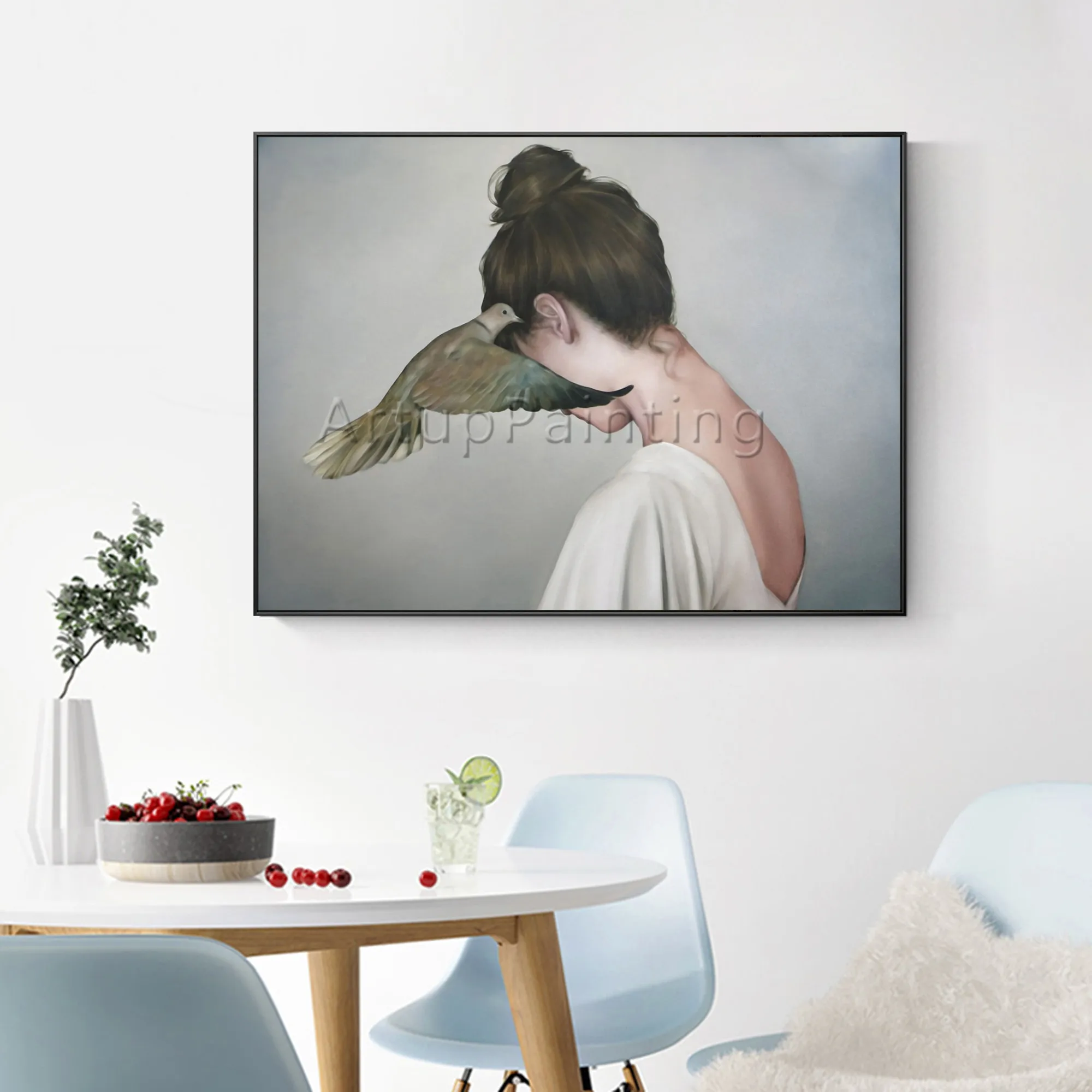 Hand Painted Original oil painting on canvas woman potrait and bird painting for living room Wall Art Home Decoration