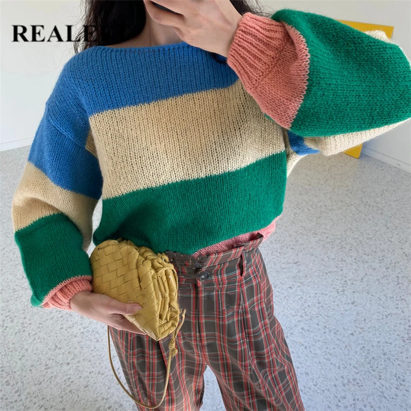 REALEFT 2021 New Winter Stripe Loose Knitting Sweaters Pullovers for Women Elegant Casual Loose Long Sleeve Vintage Tops Female