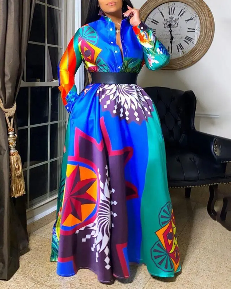 African Dresses for Women Summer African Women Printing Polyester Plus Size Long Dress African Clothes S-5XL