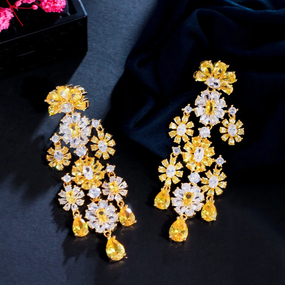 CWWZircons Luxury Statement Cluster Flower Dangle Drop Yellow Cubic Zirconia Long Wedding Earring for Brides Party Jewelry CZ984