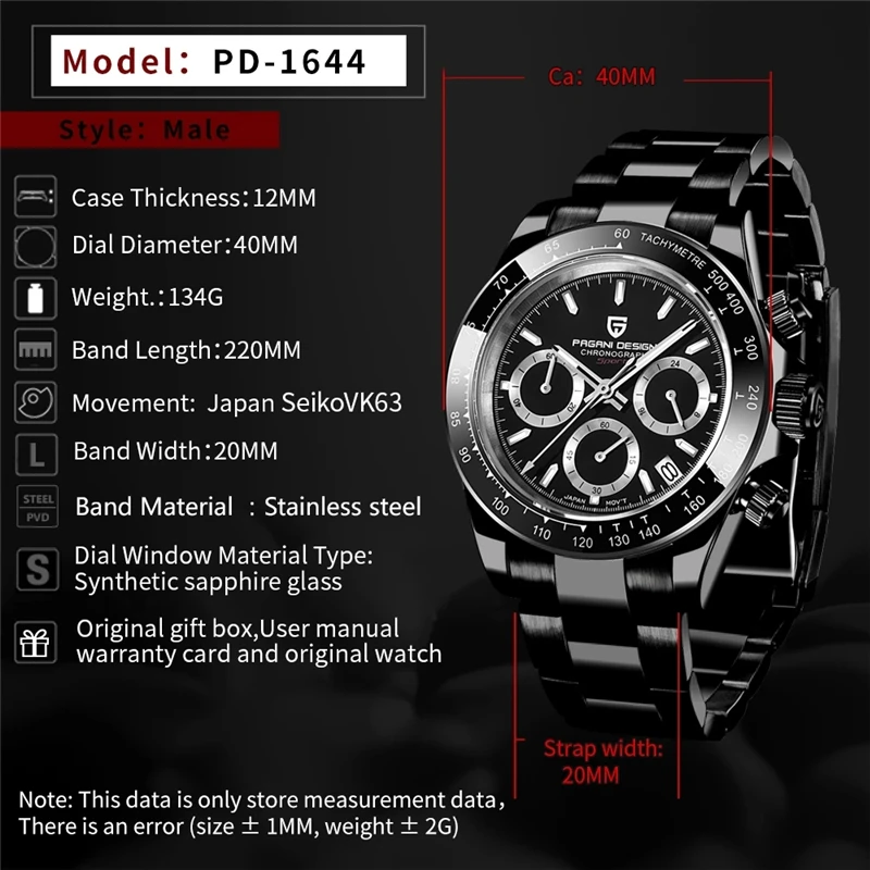 New PD-1644 PAGANI DESIGN Men\'s Watch Multifunction Chronograph Sapphire Glass 100M Waterproof Quartz Watch For Men Reloj Hombre