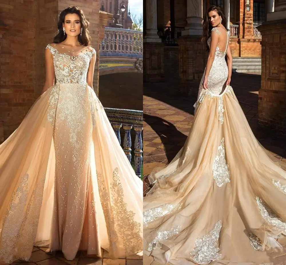 

Robe De Mariage Sexy New Champagne Wedding Dresses 2023 Lace Appliqued Detachable Train Sheath Bridal Gowns Vestido De Novia