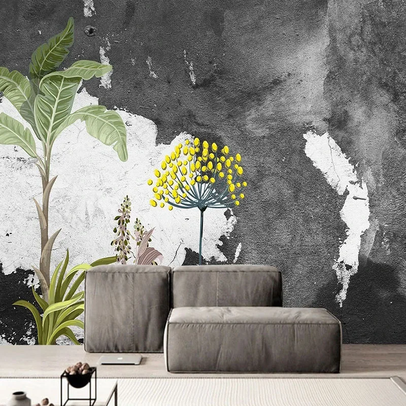 Black and white walls Wallpaper Nordic Modern Hand-painted Abstract Art Leaf Plant Bedroom Living Room Background Wall Painting