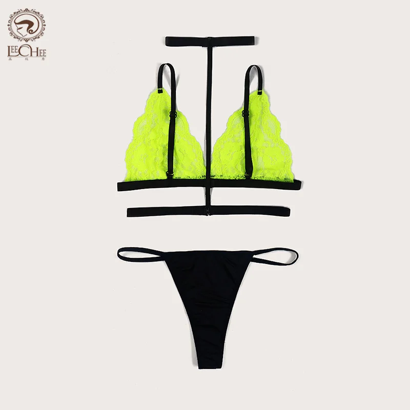 LEECHEE Lingerie Women\'s Sexy Bra Set V Neck Halter 3-Point Underwear Set Fluorescent Green Suit Lace Transparent Sexy Lingerie